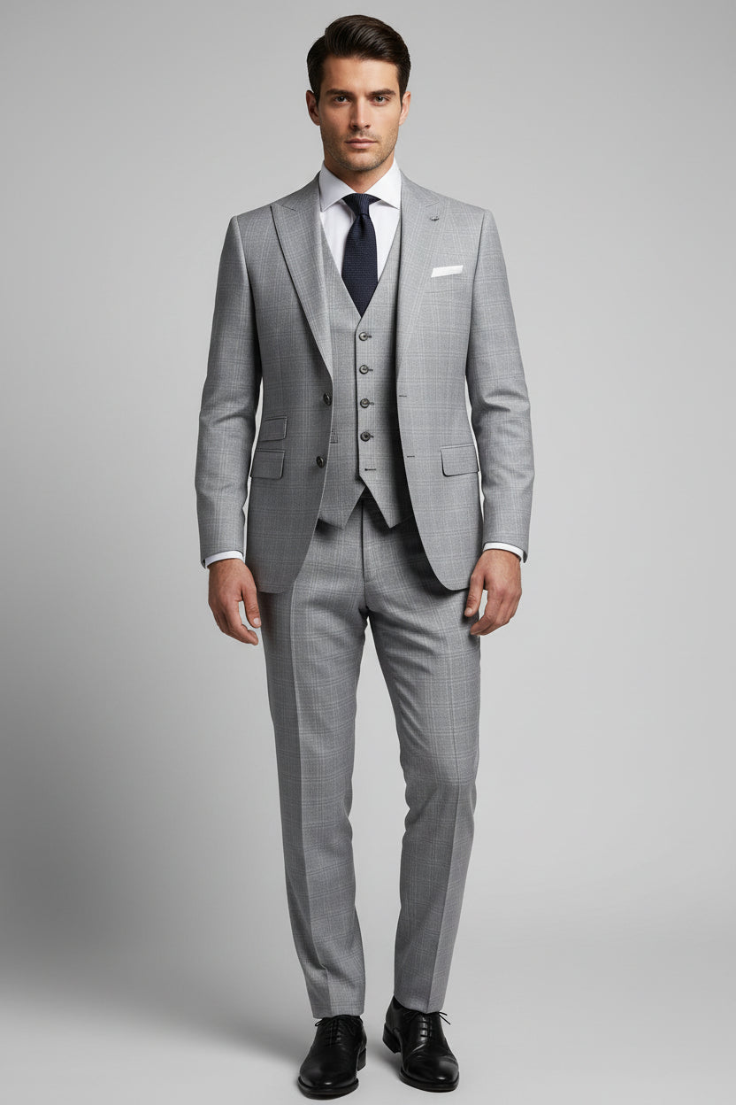 A Sensutti Light Grey Windowpane Terry Rayon Hightwist Fabric for Trousers, Blazers and Suits – Unstitched