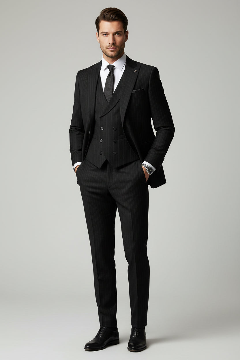 Gullini Terry Rayon Pinstripes Black unstitched fabric for trouser blazer and suits