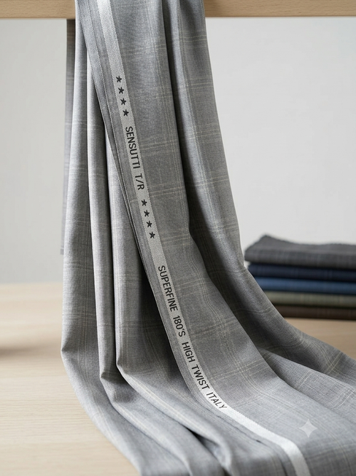 A Sensutti Light Grey Windowpane Terry Rayon Hightwist Fabric for Trousers, Blazers and Suits – Unstitched